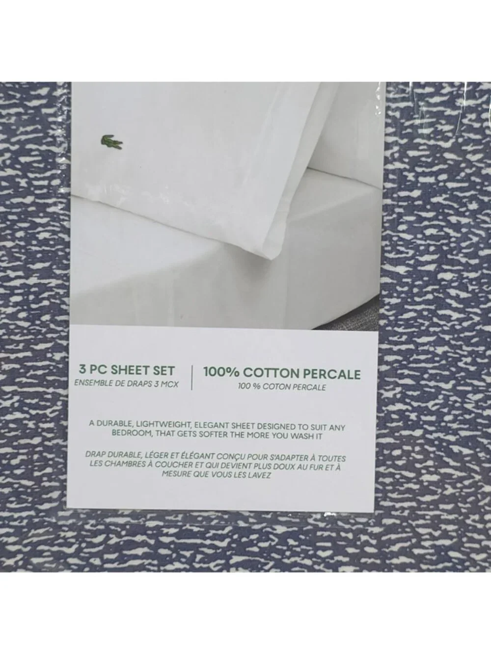 Lacoste 3-Piece Twin Sheet Set Blue Camo Vintage Indigo 100% Cotton Percale